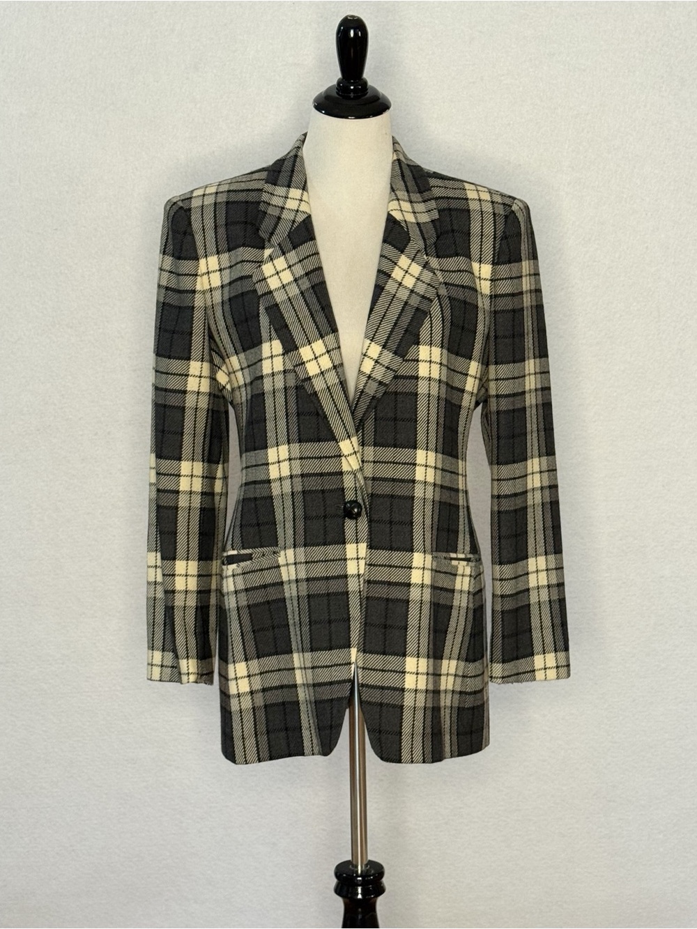 Jones New York Plaid Blazer Jacket Size 8 Black Cream 100% Pure Wool Heritage - Picture 5 of 14